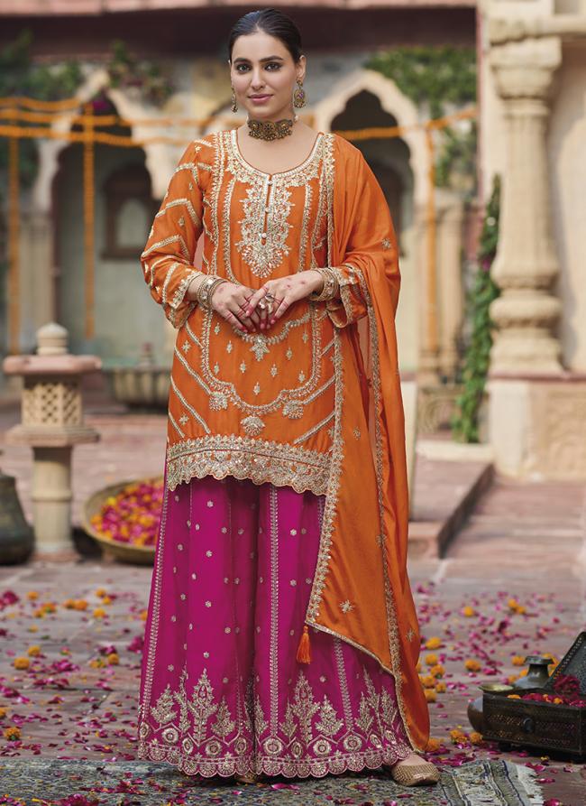 Chinnon Orange Eid Wear Zari Work Readymade Plazzo Suit